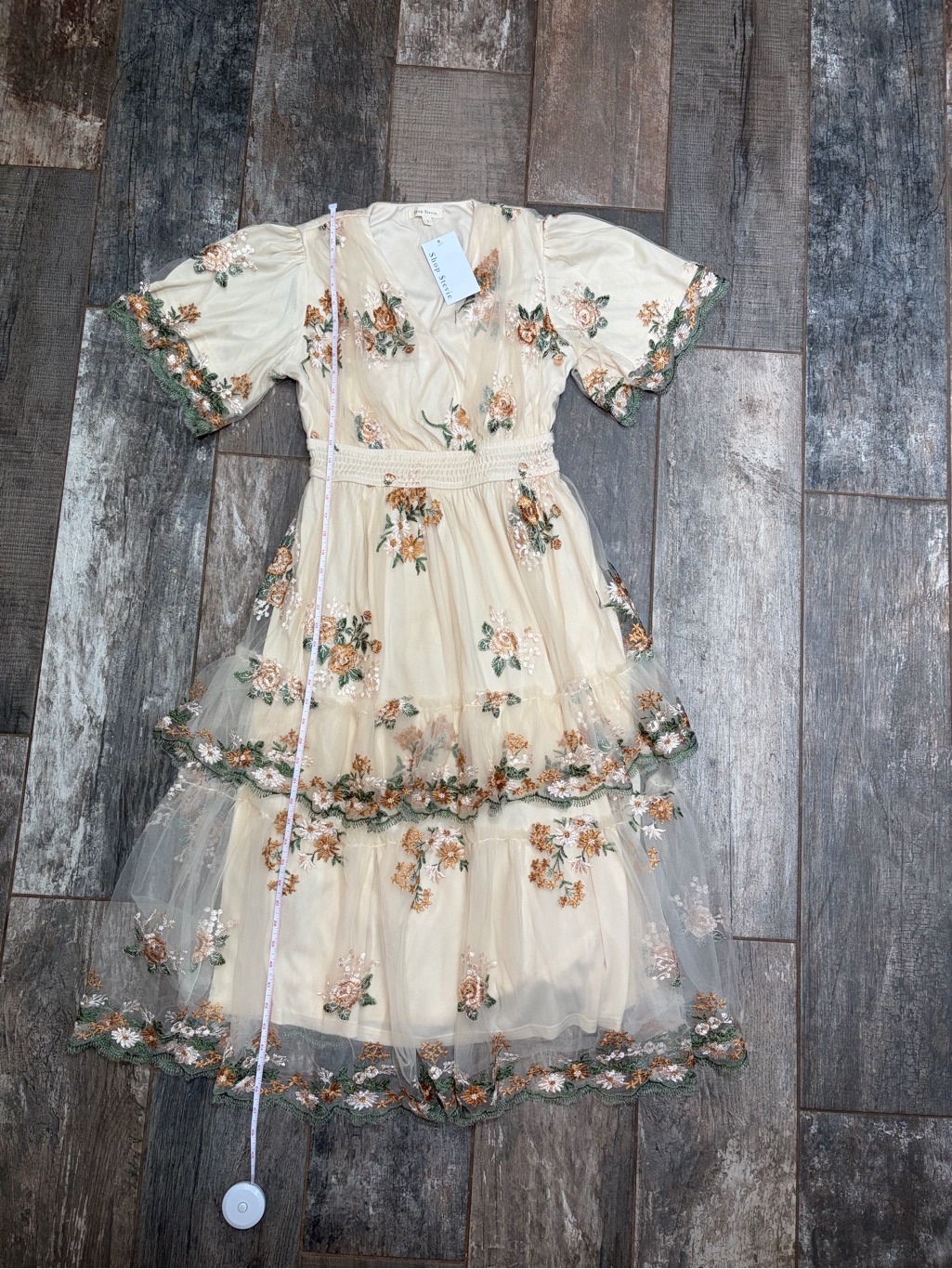 Shop Stevie Cream Floral Lace-Trim Midi Tulle Dress — image 4 of 8